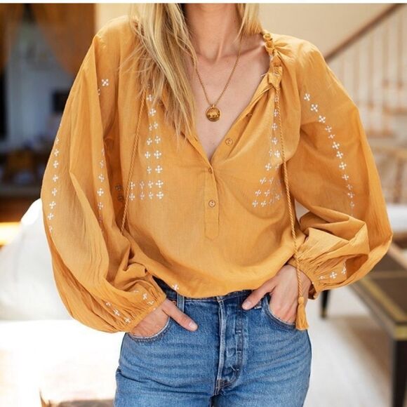 Emerson Fry India Collection Size XS Embroidered Bardot Blouse Mustard Organic - Picture 1 of 5